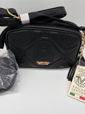 Valentino Orlandi Black Quilted Logo Crossbody with Coin Purse wallet NWT